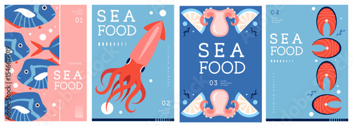 Set of flat modern magazine covers or posters with seafood. Restaurant seafood menu design. Vector illustration