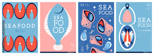 Set of flat modern magazine covers or posters with seafood. Restaurant seafood menu design. Vector illustration