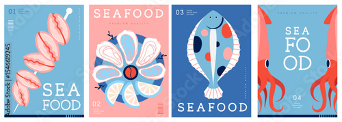 Set of flat modern magazine covers or posters with seafood. Restaurant seafood menu design. Vector illustration