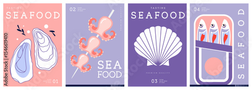Set of flat modern magazine covers or posters with seafood. Restaurant seafood menu design. Vector illustration