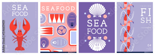 Set of flat modern magazine covers or posters with seafood. Restaurant seafood menu design. Vector illustration