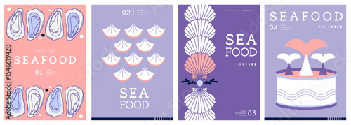 Set of flat modern magazine covers or posters with seafood. Restaurant seafood menu design. Vector illustration