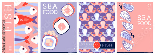 Set of flat modern magazine covers or posters with seafood. Restaurant seafood menu design. Vector illustration