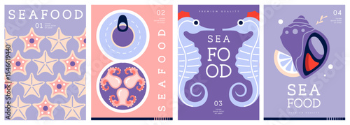 Set of flat modern magazine covers or posters with seafood. Restaurant seafood menu design. Vector illustration