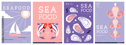 Set of flat modern magazine covers or posters with seafood. Restaurant seafood menu design. Vector illustration