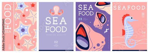 Set of flat modern magazine covers or posters with seafood. Restaurant seafood menu design. Vector illustration