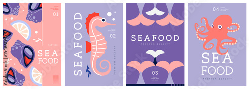 Set of flat modern magazine covers or posters with seafood. Restaurant seafood menu design. Vector illustration