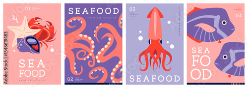 Set of flat modern magazine covers or posters with seafood. Restaurant seafood menu design. Vector illustration