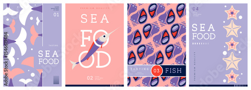 Set of flat modern magazine covers or posters with seafood. Restaurant seafood menu design. Vector illustration