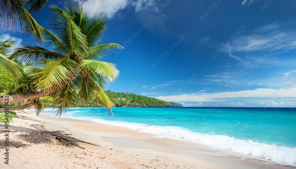Naklejka premium a beautiful beach with palm trees and a blue ocean