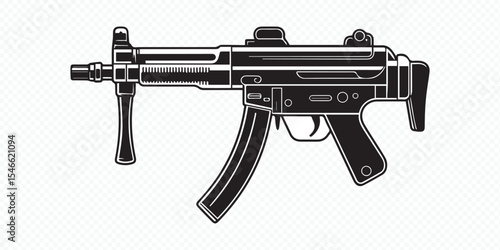 detailed black and white vector drawing of submachine gun for graphic design and illustration needs
