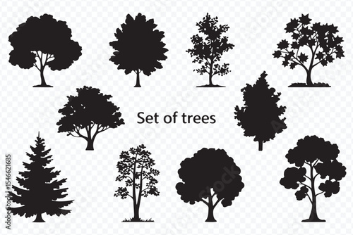 nature themed tree silhouette set showcasing magnolia, maple, lilac, castor, acacia, fir, chestnut, oak, pine