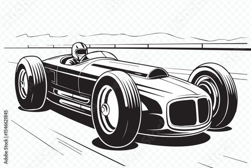 vintage racecar illustration, retro motorsport vector, black and white classic car sketch, heritage speedster art