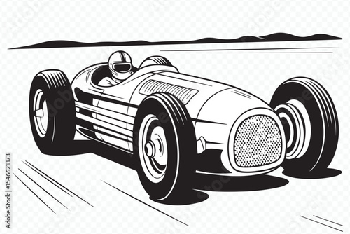 monochrome car drawing, detailed vintage race vehicle art, classic racing sketch, retro automotive blueprint design