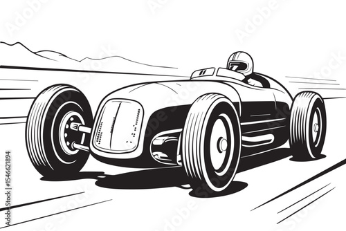 black and white motorsport vector, oldschool speedster illustration, classic racecar outline, decorative automotive graphic