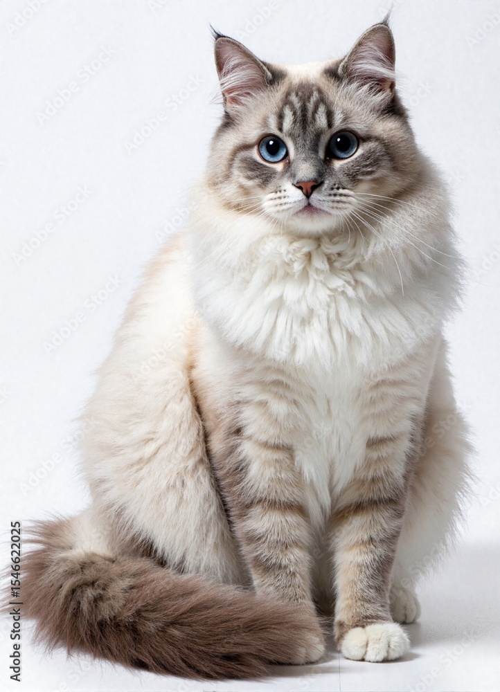Obraz premium Graceful feline with striking blue eyes: A majestic Ragdoll cat captivates with its serene presence, showcasing its stunning blue eyes and fluffy, light-colored fur. The feline sits gracefully.