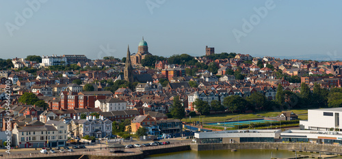 Panoramic aerial image of the New Brighton Skyline in the coast of Merseyside UK featuring the Dome of Home and the Water Tower. 