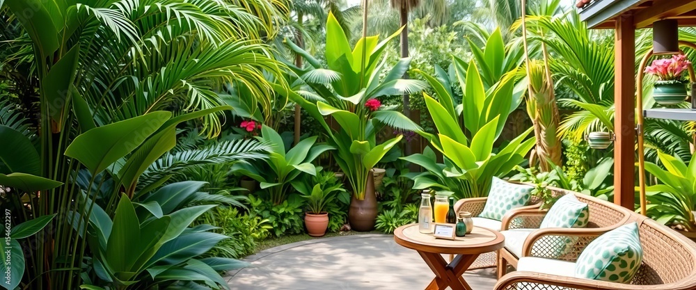 Fototapeta premium Lush tropical garden with inviting seating, refreshments prepared, wellbeing, peaceful