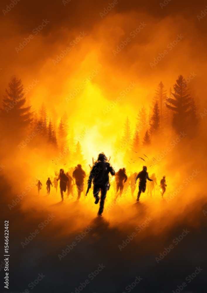 Fototapeta premium People running through a fiery forest engulfed in intense orange flames and smoke, evoking urgency and chaos.