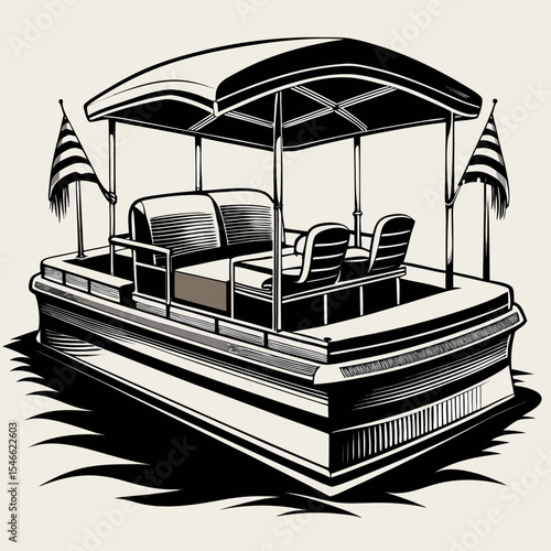 Stylish Black and White Illustration of a Luxury Pontoon Boat