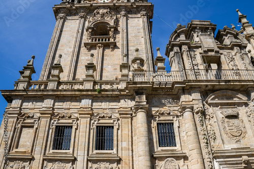 Santiago de Compostela Cathedral in Galicia, Spain, a famous pilgrimage site and UNESCO World Heritage landmark. Baroque façade and centuries-old religious significance.
