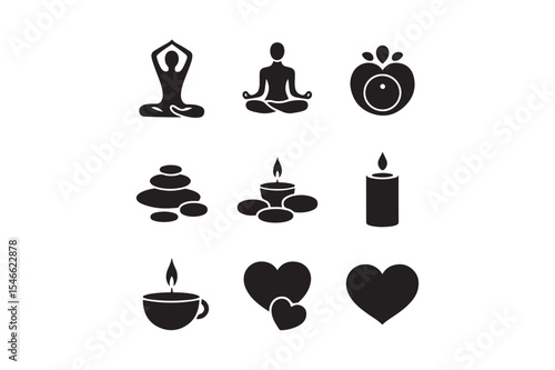 Wellness and Meditation Icon Set Yoga, Spa, Love, and Relaxation Symbols