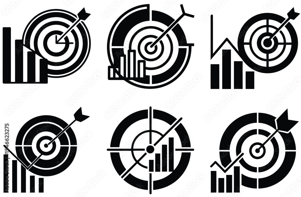 Six Black and White Target Icons with Arrows and Bar Graphs Illustrating Business Goals Six Black and White Target Icons with Arrows and Bar Graphs Illustrating Business Goals
