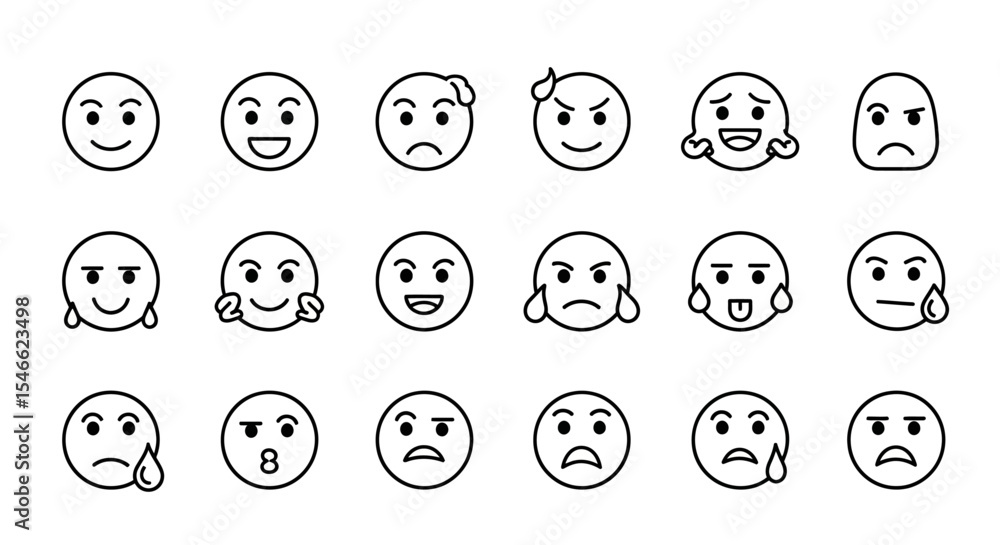 Collection of Line Art Emoticons Happy, Sad, Angry, and More Collection of Line Art Emoticons Happy, Sad, Angry, and More
