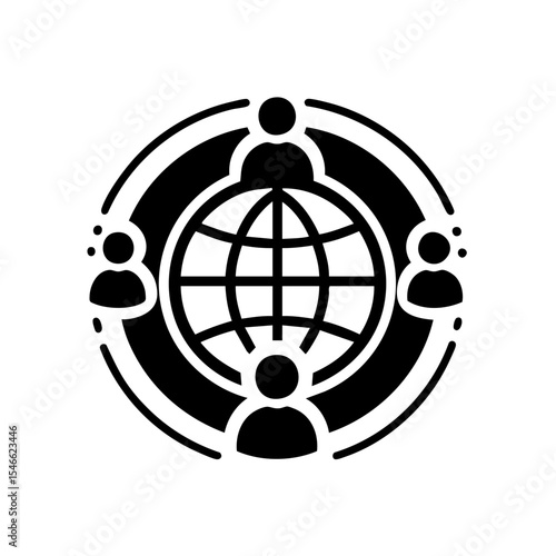 Stylized people around a globe icon in monochrome colors represents global community and teamwork
