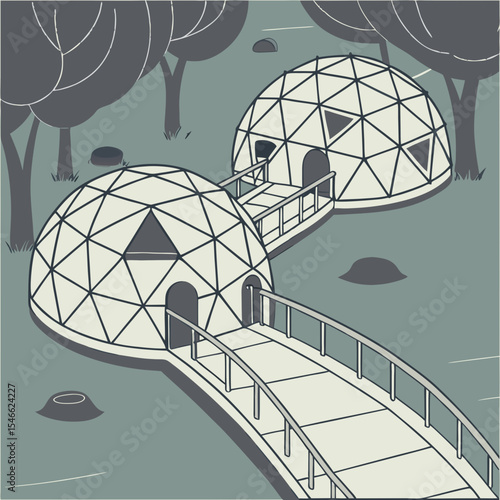 Illustration of two geodesic dome structures connected by bridges in a forest setting design style