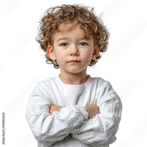 Cute young child with curly hair and a serious expression standing with arms crossed against a white background