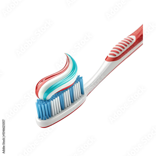 3D icon of a toothbrush with toothpaste on bristles, floating in mid-air, isolated white background.