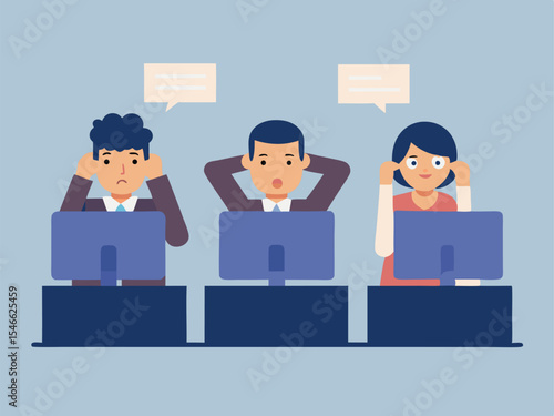 Three Office Workers Feeling Stressed and Overwhelmed at Their Desks with Speech Bubbles Above Them in a Flat Vector Illustration Style