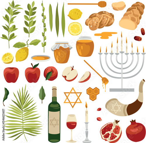 Vector hand-drawn Jewish traditional High Holidays food: lemon and palm leaves (Sukkot), pomegranate, apple, honey, challah bread (Rosh Hashanah) and menorah and shofar
