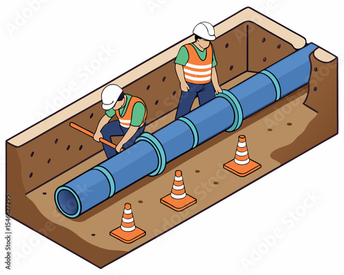 Isometric cartoon vector showing an engineer inspecting underground water pipe construction while a worker performs maintenance.