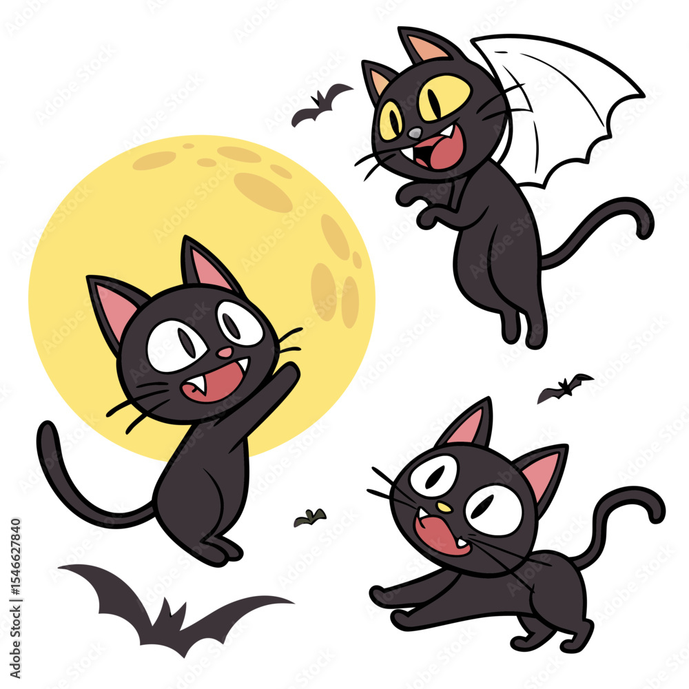 Obraz premium Black Cats and Full Moon – Halloween Cartoon Stickers 