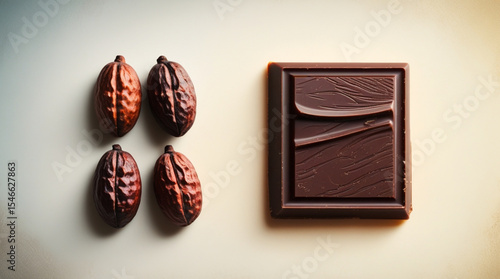 Natural Cocoa Beans with Dark Chocolate piece for poster, banner, Branding, menu design, Cookbook, recipe card