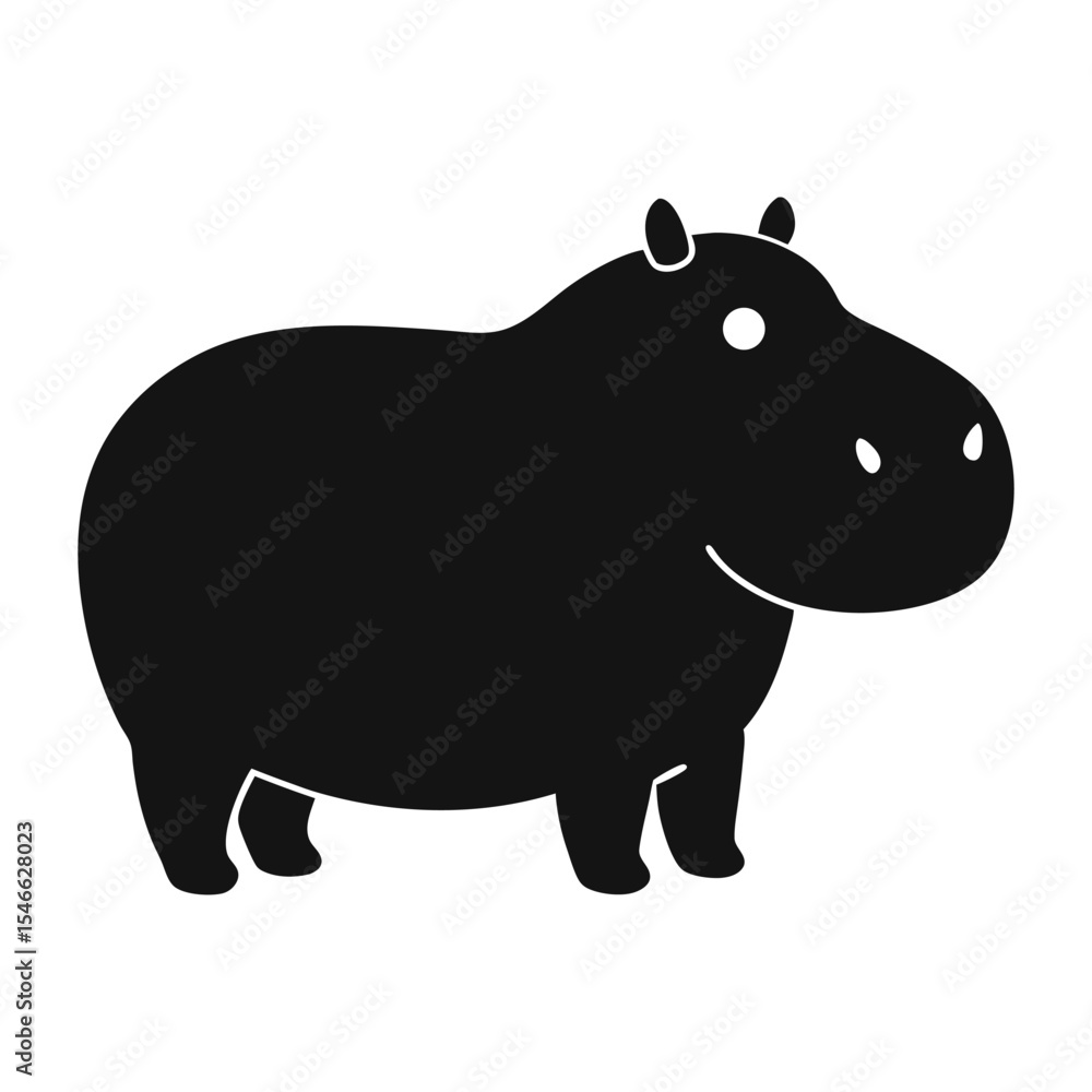 Obraz premium Hippo Silhouette Vector with Wide Mouth and Stubby Legs, Solid Color Minimal Design on White Background.