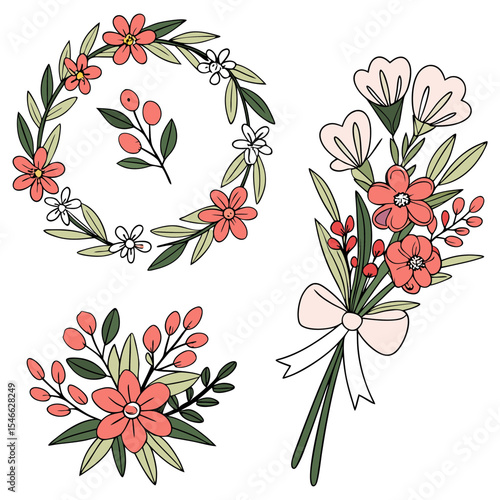 Floral Wreaths and Bouquets – Decorative Sticker Vectors
