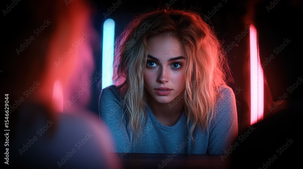 Fototapeta premium A striking portrait of a young woman surrounded by a vivid play of colored lights creates an intimate atmosphere that captures her deep gaze and emotional intensity.