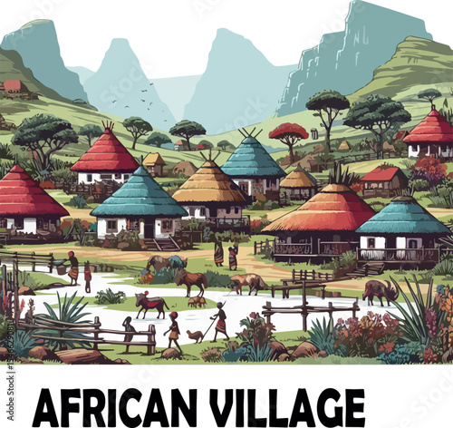 African village  Vector white background .