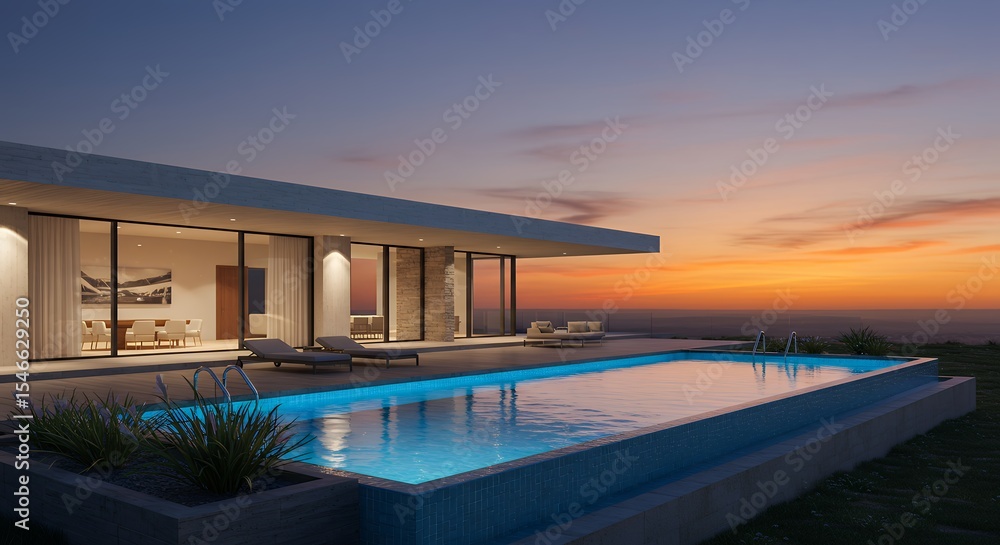 Fototapeta premium Luxury Villa with Pool at Sunset
