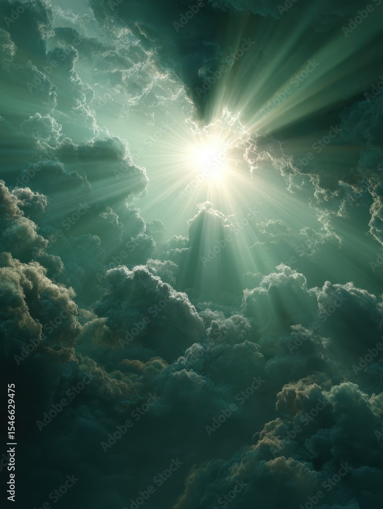 Obraz premium Sun shining brightly with rays of light on green cloudy sky from Generative AI