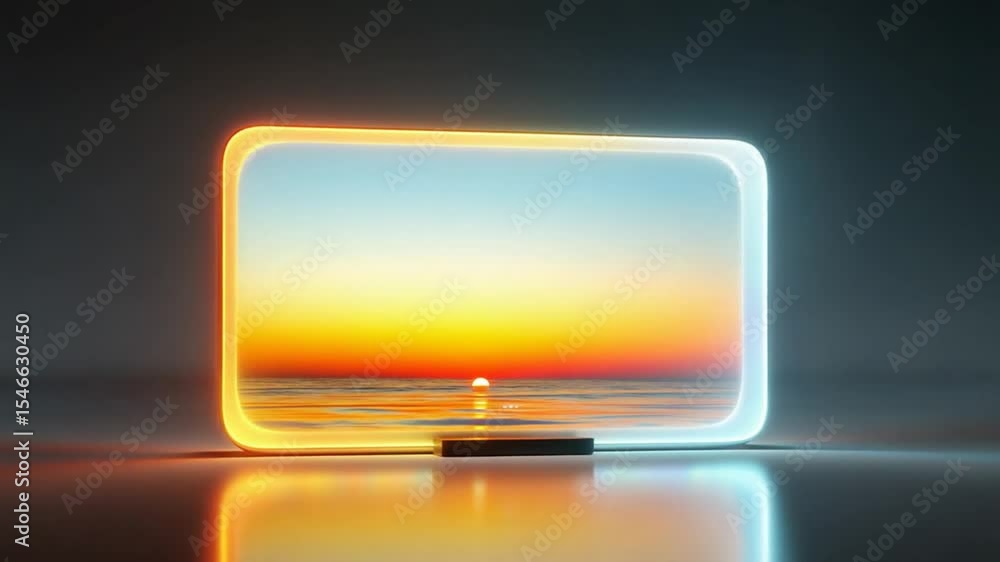Neon Frame Displaying a Beautiful Ocean Sunset Reflecting on a Polished Surface