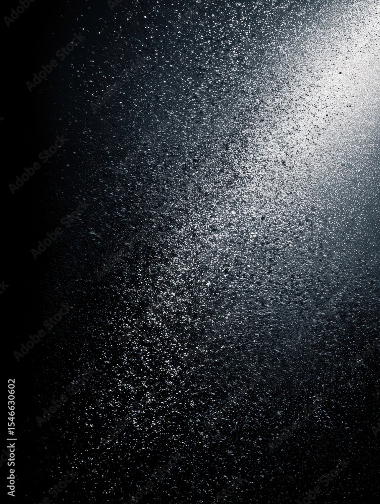 Obraz premium Black matte textured background with floating dust particles illuminated by soft light in the top right corner, creating a deep contrast between black and white. This abstract design emphasizes textu