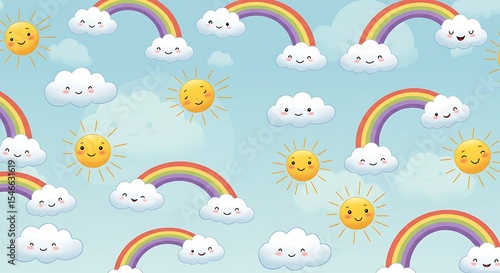 Cute Rainbow Sun and Cloud Pattern Happy Kids Wallpaper