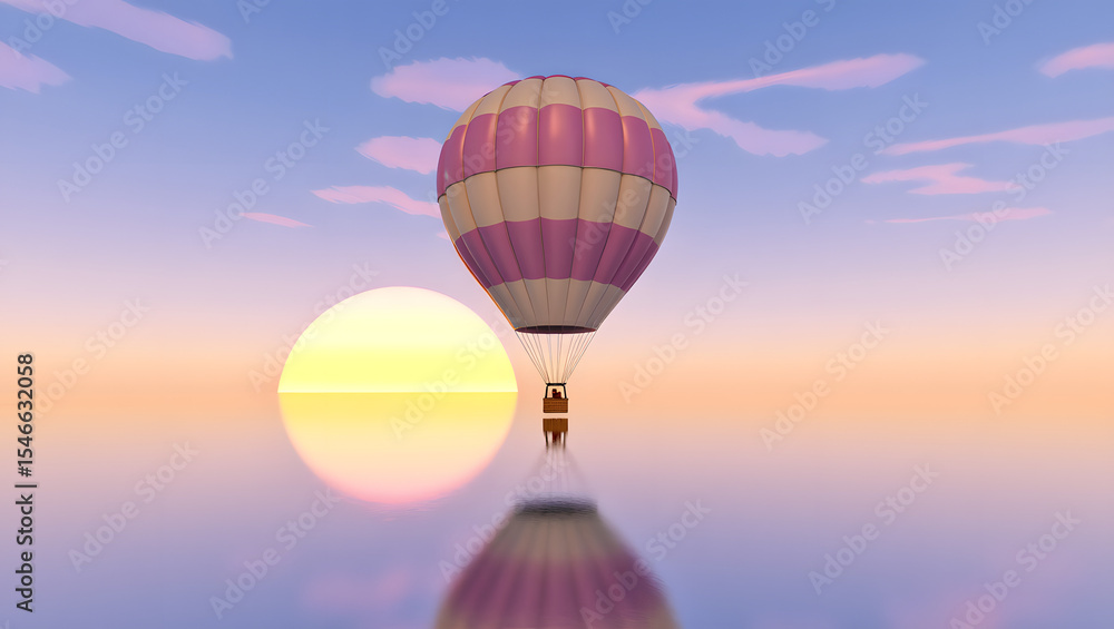 Fototapeta premium Hot air balloon floats over water at sunset with a golden glow