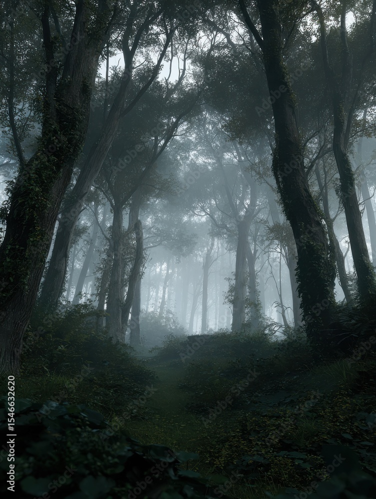 Fototapeta premium A spooky foggy haunted forest nature plant tree