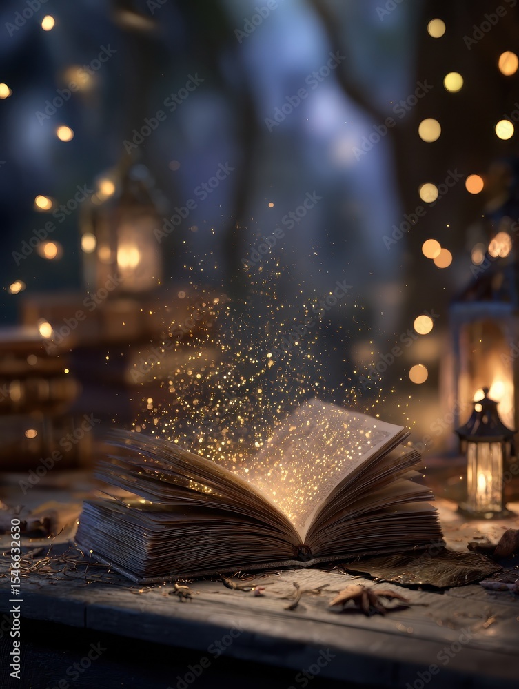 Obraz premium Magic, fantasy and spiritual with book and light on table for fairytale, imagination and night. Ai generated, inspiration and learning with literature and glitter for magical, education and hope