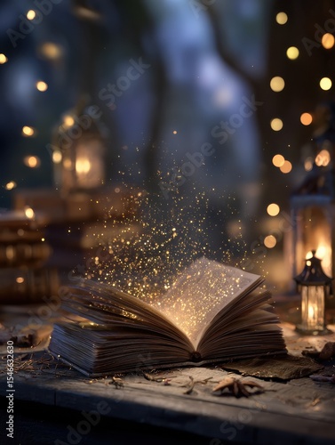 Magic, fantasy and spiritual with book and light on table for fairytale, imagination and night. Ai generated, inspiration and learning with literature and glitter for magical, education and hope